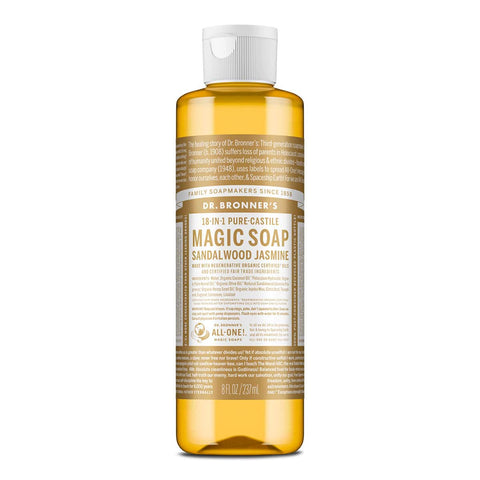 Dr. Bronner's 18-in-1 Pure-Castie Magic Soap - Sandalwood Jasmine 237ml bottle on a white background.