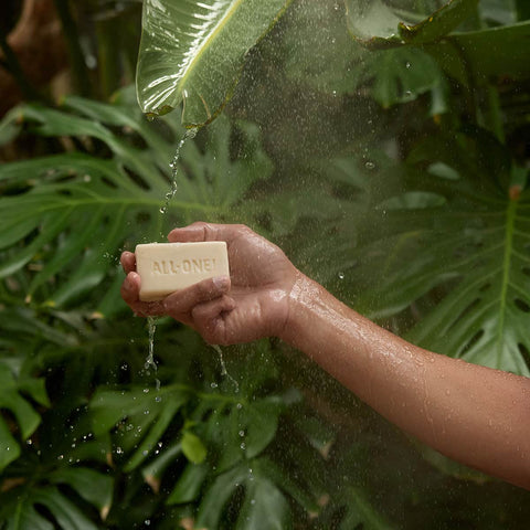 Hand holding a bar of soap labeled 'All-One' with a natural, green background.