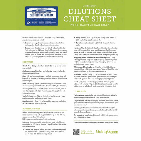 Dilutions cheat sheet for Dr. Bronner's Pure-Castile Bar Soap on a green background.
