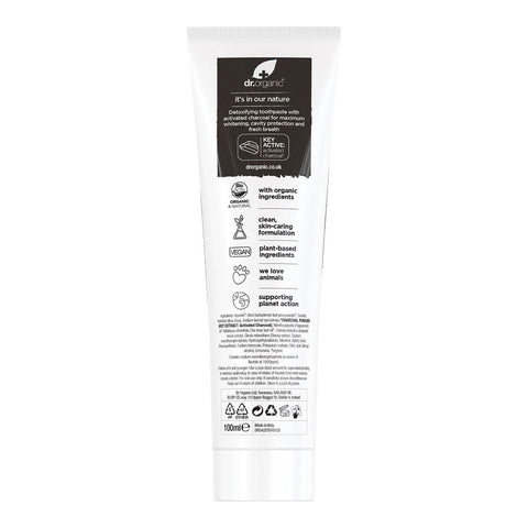 Back of 100ml tube Dr. Organic Activated Charcoal Toothpaste, showing description and ingredients.