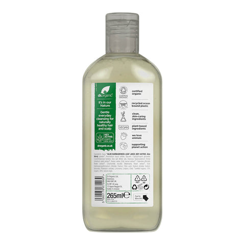 Back of Dr. Organic 265ml bottle of aloe vera shampoo.