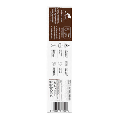 Back of 100ml box Dr. Organic Virgin Coconut Oil Whitening Toothpaste with silica, Icelandic moss, and peppermint oil.