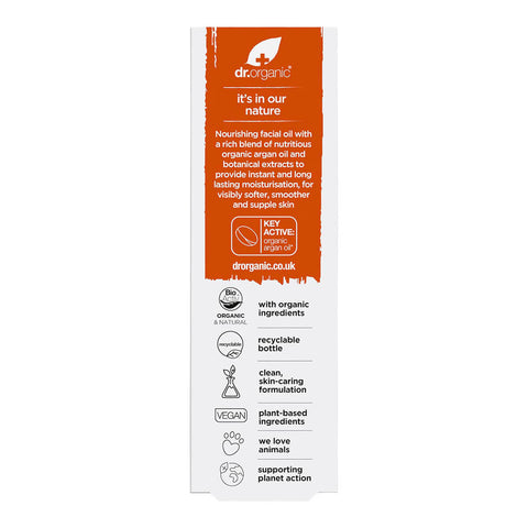 Back of 30ml box Dr. Organic Moroccan Argan Oil Facial Oil, a non-greasy moisturiser that nourishes and restores the skin.