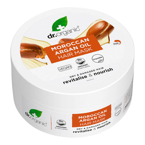 Top view of 200ml tub Dr. Organic Moroccan Argan Oil Hair Mask, leaves hair smooth and naturally replenished.