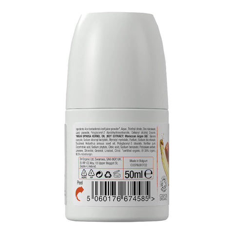 Back of 50ml bottle Dr. Organic Moroccan Argan Oil Roll-On Deodorant, showing ingredients.