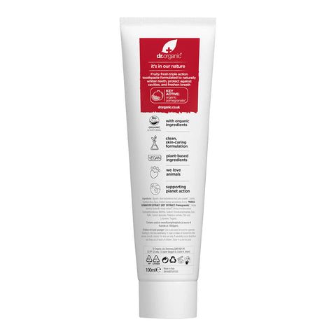 Back of 100ml tube Dr. Organic Pomegranate Toothpaste, showing ingredients.