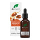 Dropper bottle next to white box packaging showing argan seeds with a splash of argan oil. Recyclable packaging. Vegan.