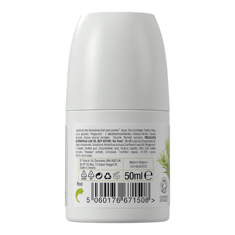 Back of 50ml bottle Dr. Organic Tea Tree Roll-On Deodorant, aluminium free, vegan, and cruelty free formula.