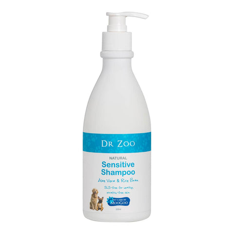 Dr Zoo Sensitive Shampoo 500ml pump bottle on a white background. For pets, contains aloe vera & rice bran.