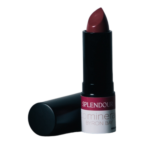 Eco Minerals Eco Lipstick Splendour 8g, a deep berry lipstick with its black cap lying beside it, front view on a plain white background