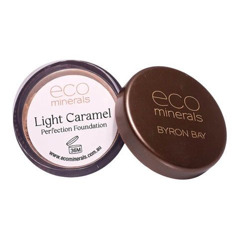 Eco Minerals Perfection Foundation Light Caramel 5g, an open pot showing its label beside its brown lid with Byron Bay lettering on white