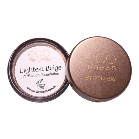 Eco Minerals Perfection Foundation Lightest Beige 5g, an open pot showing its label beside its brown lid with Byron Bay lettering on white