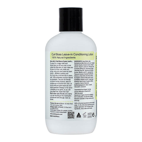 Back of bottle of natural leave-in conditioning lotion for kids, showing ingredients and directions.