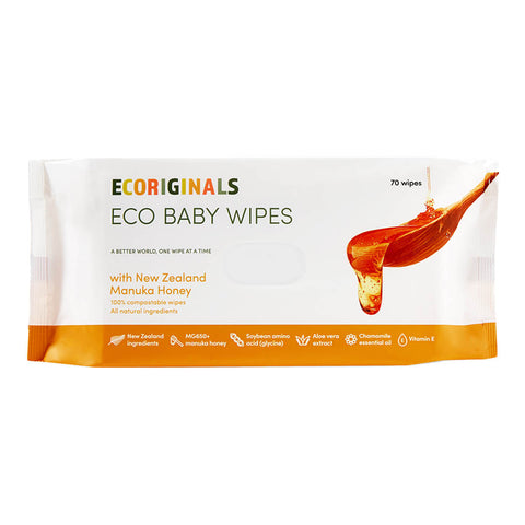 Eco baby wipes packaging with New Zealand Manuka Honey on a white background.