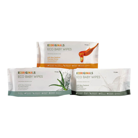 Three packages of Ecoriginals eco baby wipes on a white background.