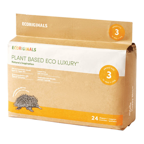 Side-view of a package of Ecoriginals nappies with a hedgehog illustration on a white background.