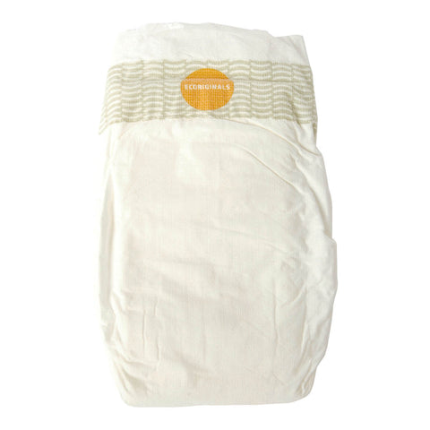 White nappy with a yellow brand label on a white background.