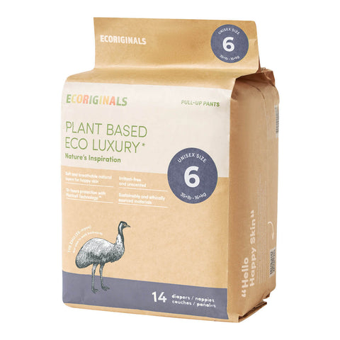 Side-view of a package of Ecoriginals nappies with plant-based eco luxury branding on a white background.