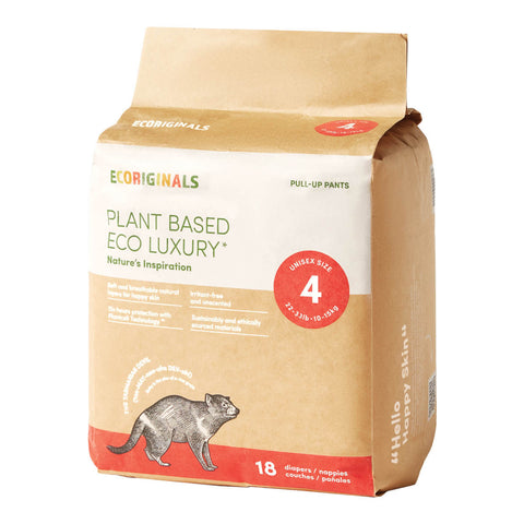 Side-view of a package of eco-friendly nappies with branding and product details on a white background.
