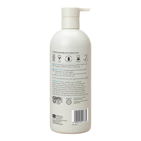 White sugarcane plastic cylindrical bottle with pump. Vegan, made in NZ, cruelty free. List of ingredients including harakeke extract.