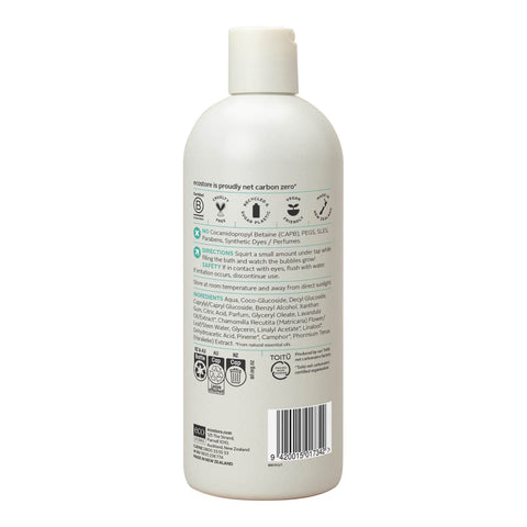 Back of ecostore baby bubble bath with ingredients and usage instructions.