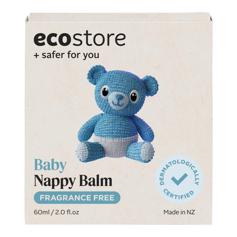 ecostore Baby Nappy Balm 60ml in a cream box with a blue crochet teddy bear, front of the box on a plain white background, clear product photo