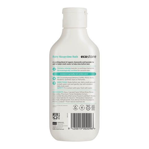 ecostore Baby Sleepytime Bath 200ml white bottle turned to show the back label with small print and a barcode on a plain white background