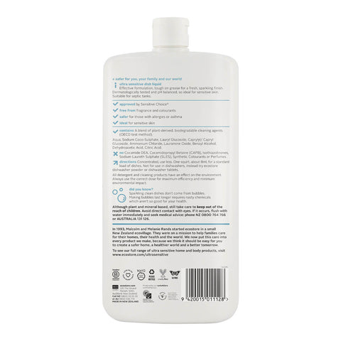 ecostore Dish Liquid Ultra Sensitive 1l white bottle turned to show the back label with small print and a barcode on a plain white background