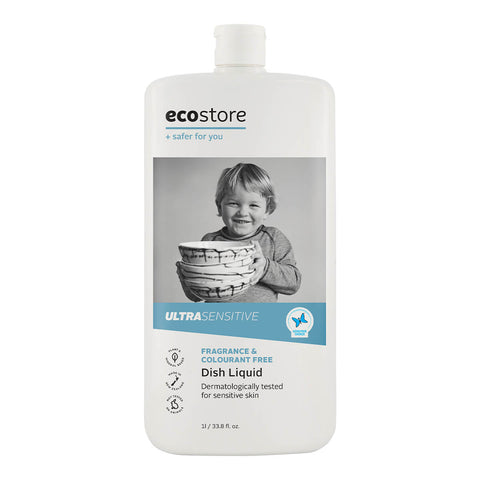 ecostore Dish Liquid Ultra Sensitive 1l in a white bottle with a black and white photo of a child, front view on a plain white background