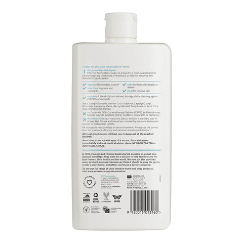 ecostore Dish Liquid Ultra Sensitive 500ml white bottle turned to show the back label with small print and a barcode on a plain white background