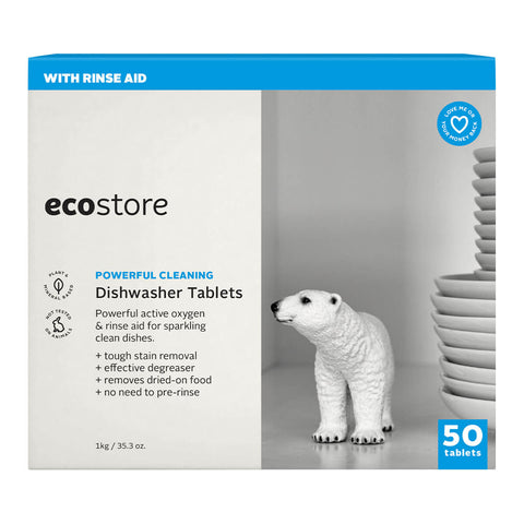 Box of 50 ecostore Dishwasher Tablets with a graphic of a polar bear on the front.