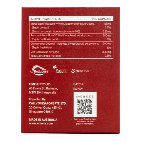 Back of 60 capsules box eimele Calibrate Reds Max, showing ingredients.