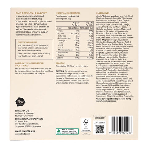 Back of 30 sachets box eimele Essential Rainbow, showing ingredients and nutrition information.