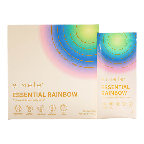 Box of 30 sachets eimele Essential Rainbow next to sachet, daily superfood powder.