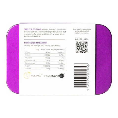 Back of eimele Sleep Glow tin, showing nutrition information.