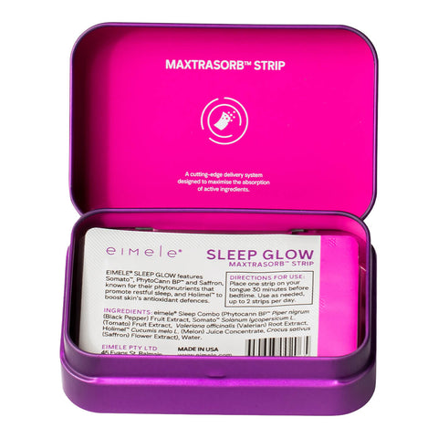 eimele Sleep Glow tin opened, sleep support formula with phytonutrient and antioxidant benefits.
