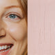 Model next to swatch of Elate Beauty Creme Concealer in the shade 'CC1', for light cool skin tones. A two-in-one concealer and illuminator formulated with evening primrose oil, designed to heal and conceal blemishes.