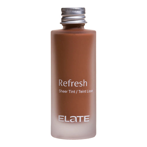 Elate Beauty Refresh Foundation Refill 30ml RN7 in a clear glass bottle with a silver screw cap, showing a deep brown tint, front view on white