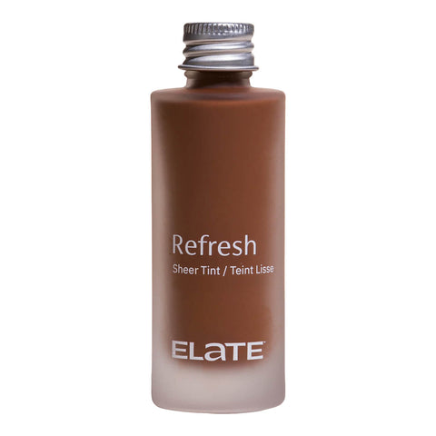 Elate Beauty Refresh Foundation Refill 30ml RN8 in a clear glass bottle with a silver screw cap, showing a very deep brown tint, front view on white