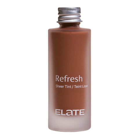 Elate Beauty Refresh Foundation Refill 30ml RW8 in a clear glass bottle with a silver screw cap, showing a dark brown tint, front view on white