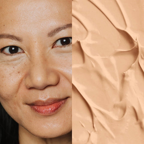 Elate Beauty Refresh Foundation 30ml RN2 lifestyle split image of a smiling woman with light medium skin beside a swatch of light golden foundation