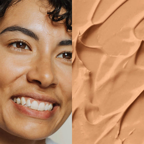 Elate Beauty Refresh Foundation 30ml RN5 lifestyle split image of a smiling woman with medium skin beside a swatch of golden tan foundation