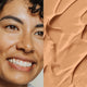 Elate Beauty Refresh Foundation 30ml RN5 lifestyle split image of a smiling woman with medium skin beside a swatch of golden tan foundation