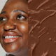 Elate Beauty Refresh Foundation 30ml RN7 lifestyle split image of a smiling woman with deep skin beside a swatch of rich brown foundation
