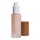 Elate Beauty Refresh Foundation 30ml RW1 in a frosted glass bottle with a white pump and wooden cap, showing a pale pink beige tint on white
