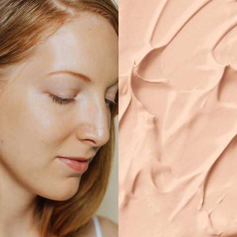 Elate Beauty Refresh Foundation 30ml RW1 lifestyle split image of a woman with light skin in profile beside a swatch of pale peach foundation