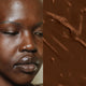 Elate Beauty Refresh Foundation 30ml RW8 lifestyle split image of a person with deep skin looking down beside a swatch of dark brown foundation