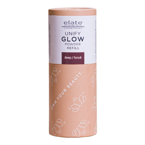 Elate Beauty Unify Glow Powder Refill Deep 10g in a tall peach cardboard tube with a white and lilac label, front view on a plain white background