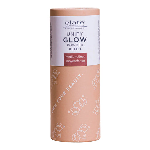 Elate Beauty Unify Glow Powder Refill Medium Deep 10g in a tall peach cardboard tube with a white and lilac label, front view on white