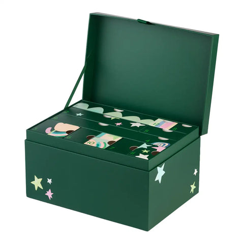 A dark green gift box with an open lid, decorated with white stars and featuring several colorful illustrated compartments inside, shown on a plain white background.